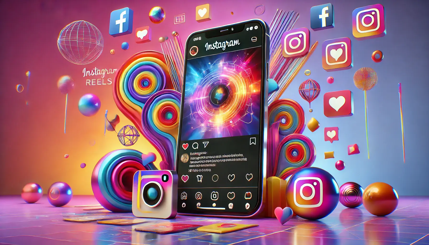 A vibrant image of a smartphone showcasing Instagram Reels with colorful abstract graphics symbolizing creativity and engagement.