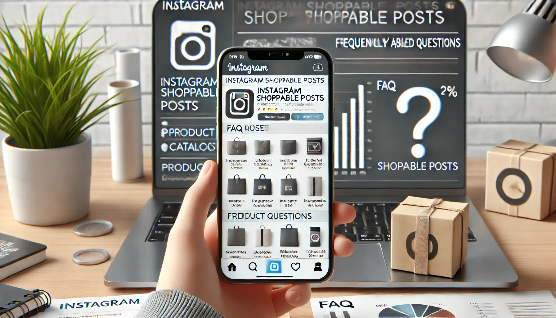 A smartphone displaying an Instagram post with product tags and a question mark icon, symbolizing common questions about shoppable posts.