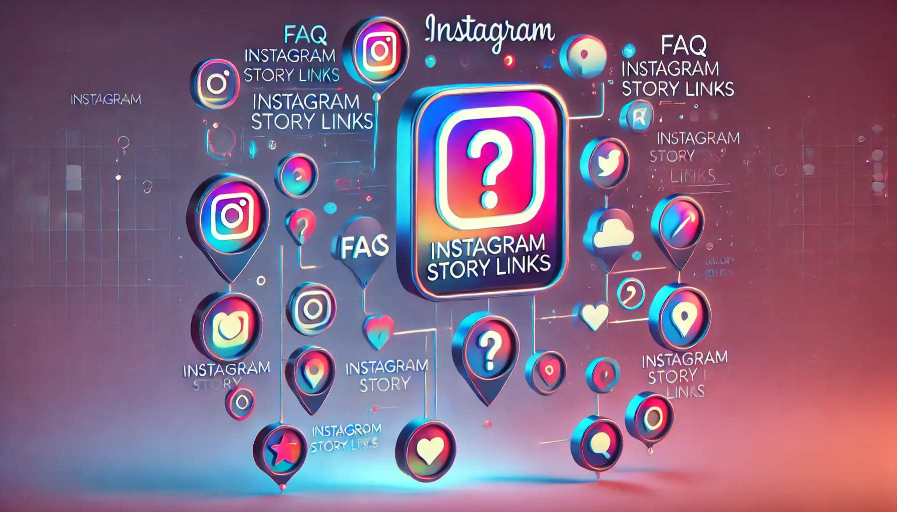 An Instagram interface with question mark icons, speech bubbles, and interaction elements symbolizing FAQs about Instagram Story Links.