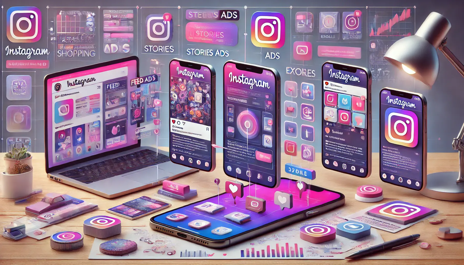 Multiple smartphone screens showcasing various Instagram ad formats, including feed ads, stories ads, reels ads, explore ads, and shopping ads, with digital marketing elements in the background.