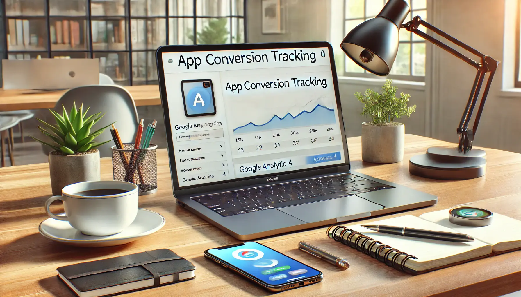 A laptop and smartphone setup on a professional desk, illustrating the process of app conversion tracking in Google Analytics 4.