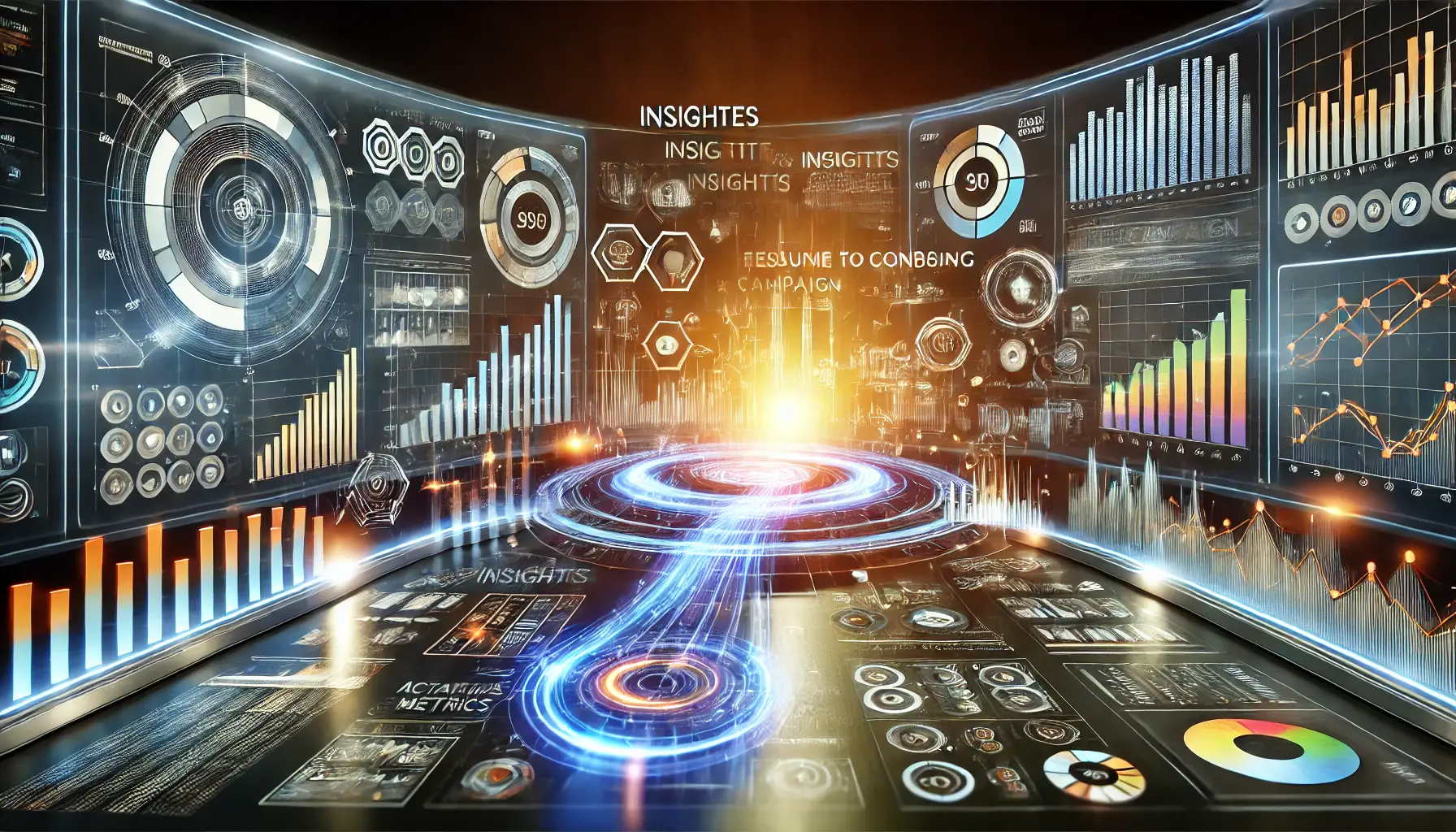 A futuristic dashboard with interconnected graphs and data streams illustrating integration of insights with campaign data.