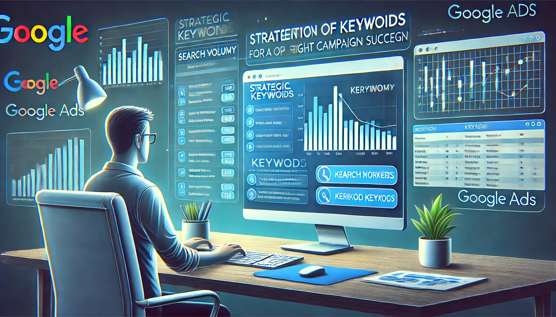 An illustration of a digital marketer analyzing keyword data on a computer screen, focusing on search volume and keyword performance metrics for a Google Ads campaign.