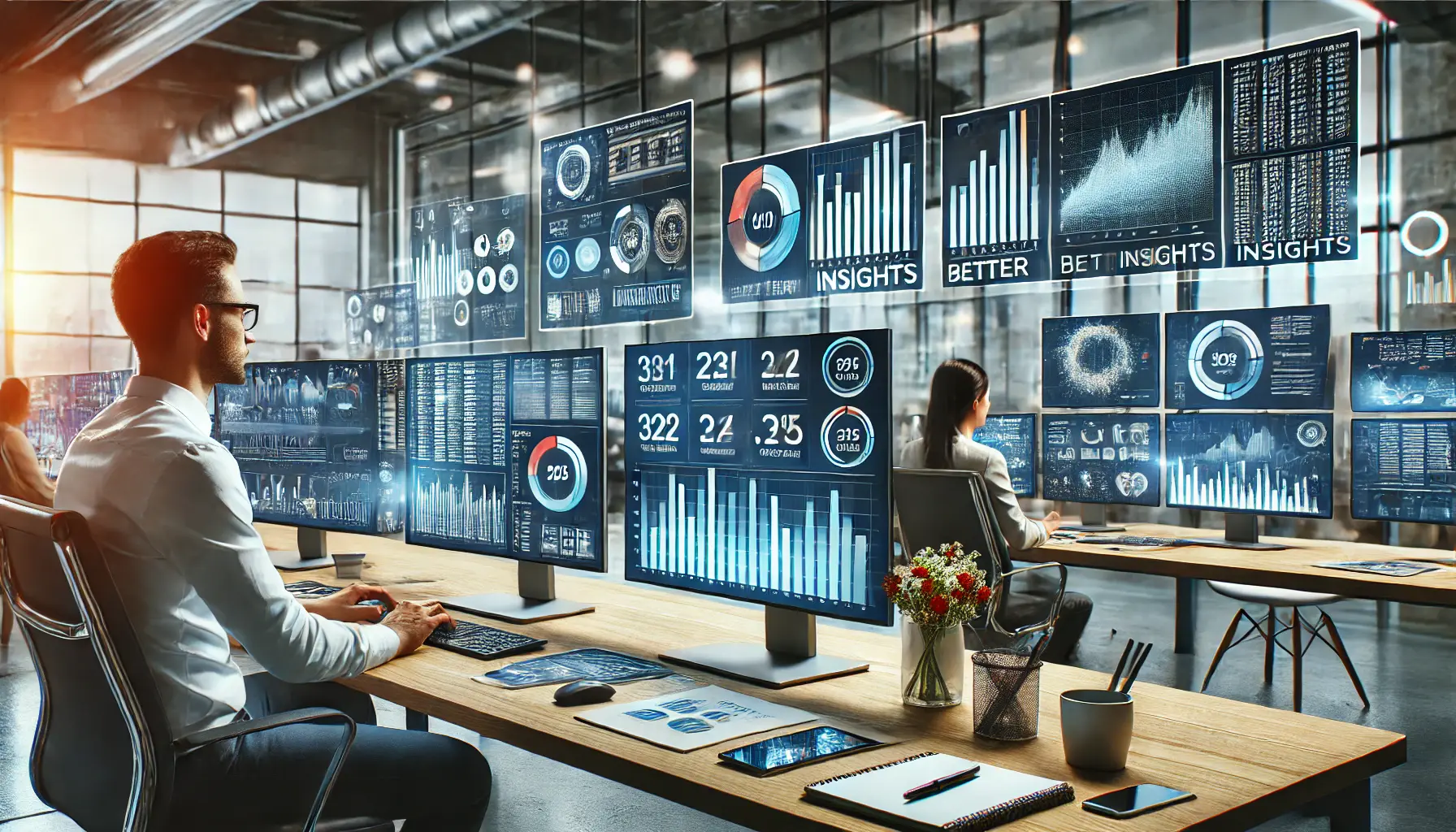 A digital marketer analyzing performance data on multiple monitors, showcasing the use of advanced analytics tools in a modern office setting.