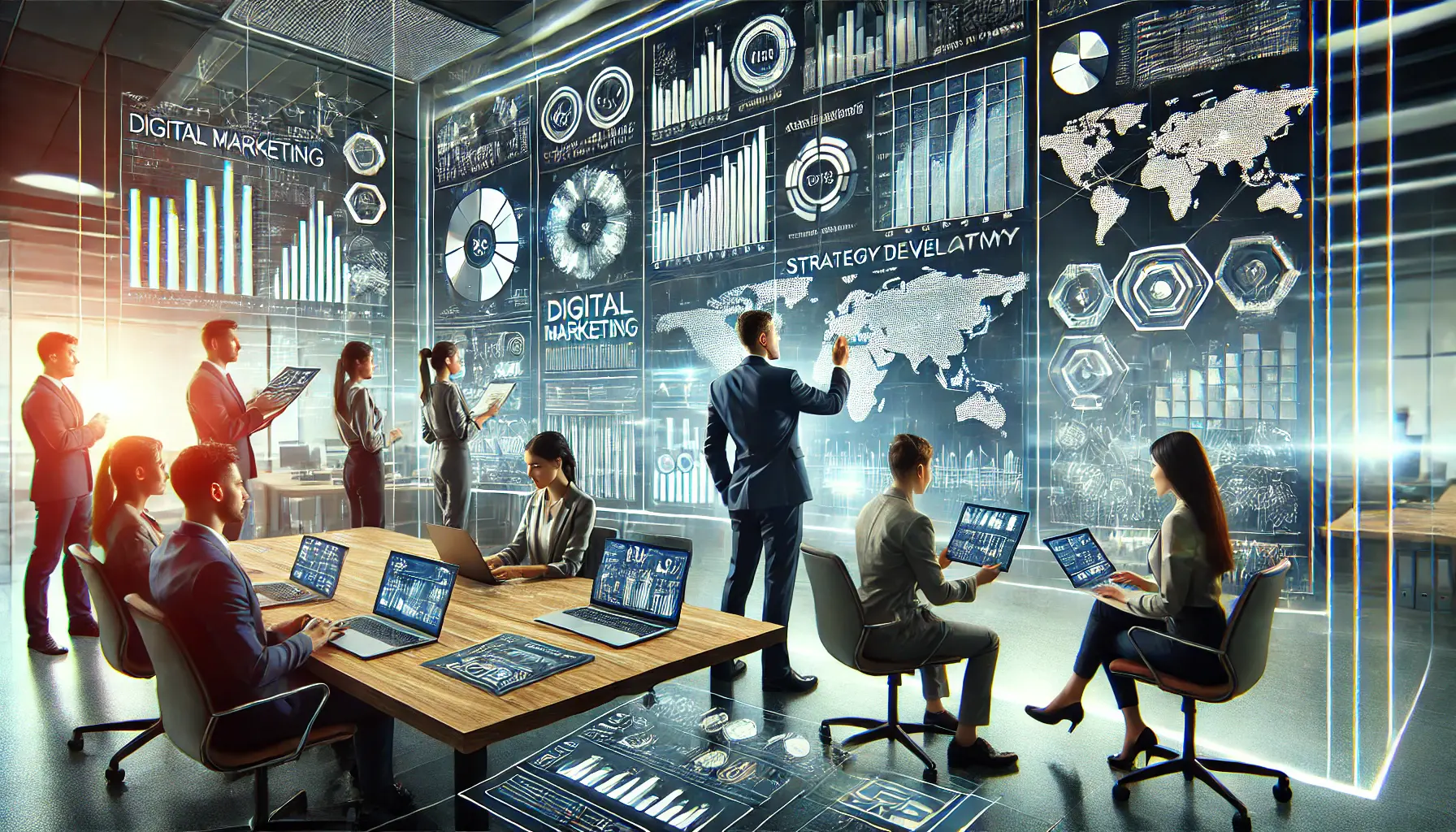 A digital marketing team analyzing a dashboard with data visualizations, focusing on insights for strategy development.