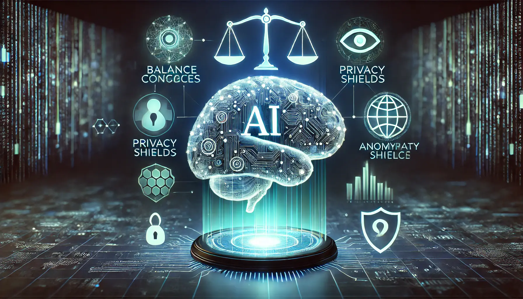 A glowing AI brain surrounded by symbols like balance scales, privacy shields, and data streams, connected to a holographic interface, symbolizing ethical AI integration.