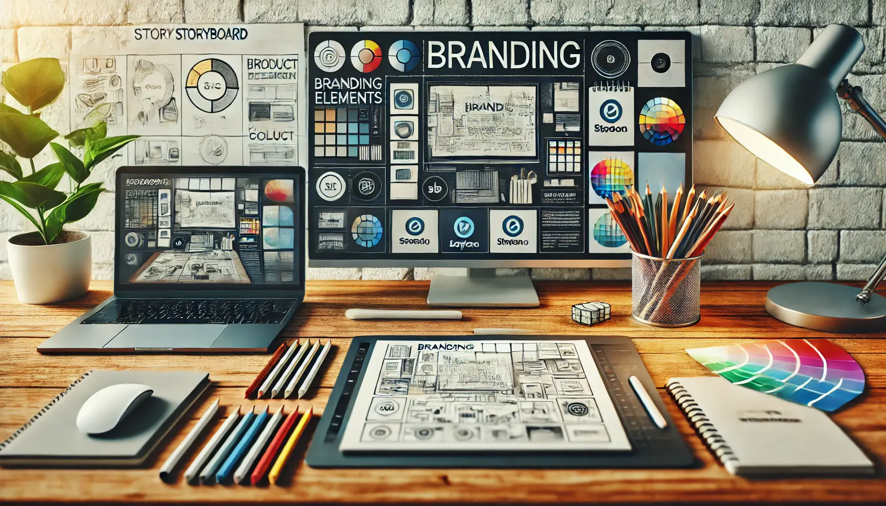 A modern workspace featuring a storyboard with branding elements like logos, color schemes, and product placements integrated into the scenes, showcasing the creative process of incorporating branding in storyboarding.