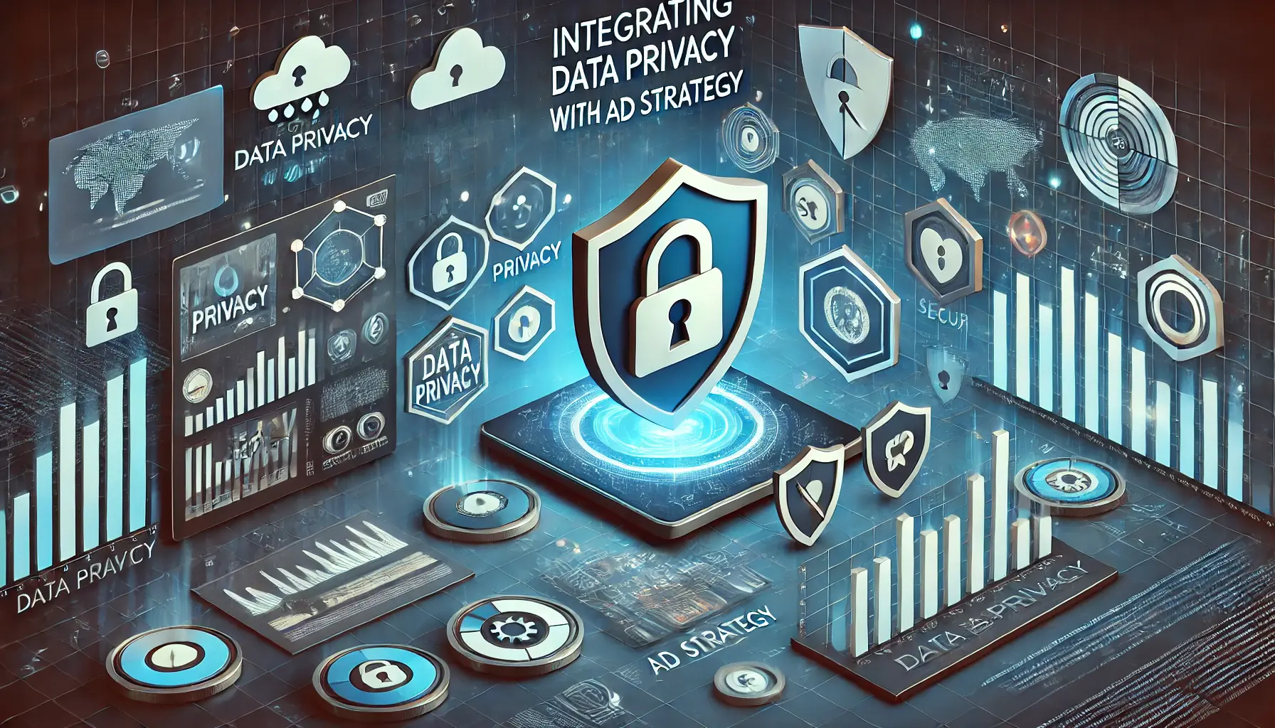 Illustration of data privacy integration in ad strategy with a dashboard displaying privacy settings, secure data icons, and analytics.