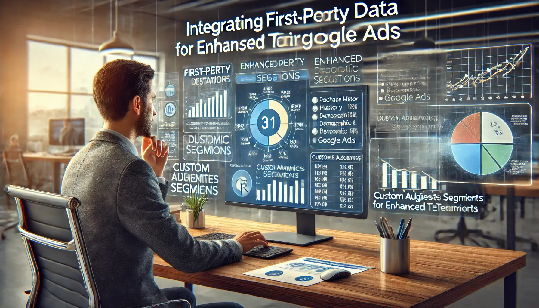 A digital workspace showing a marketer reviewing customer data, such as purchase history and demographic information, to create custom audience segments.