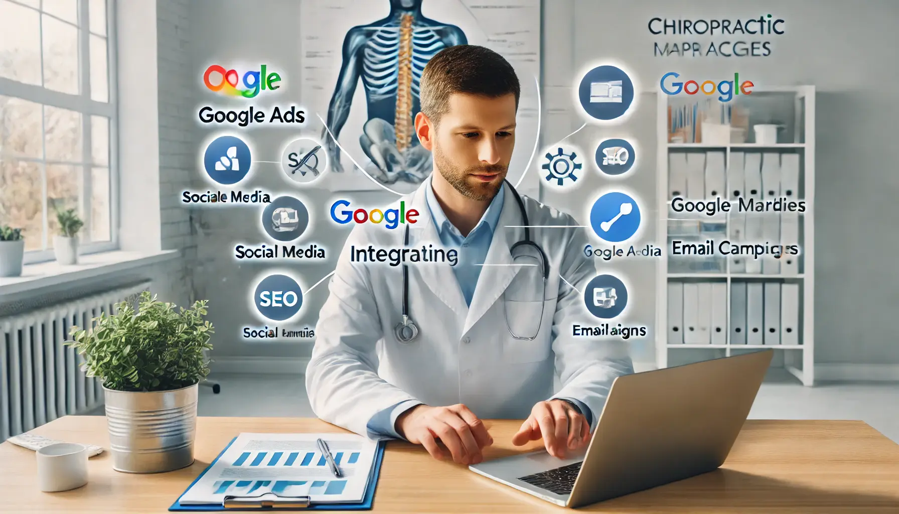 A chiropractor integrating Google Ads with other marketing strategies like social media, SEO, and email campaigns in a modern clinic.