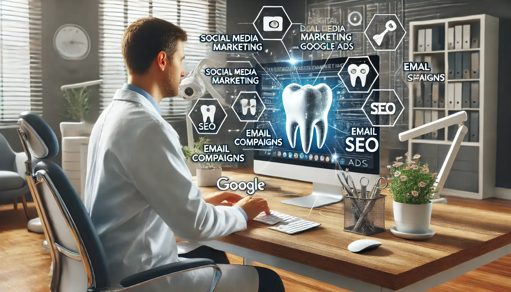 A dentist reviewing integrated digital marketing strategies, such as social media, email campaigns, and SEO, alongside Google Ads in a modern office.