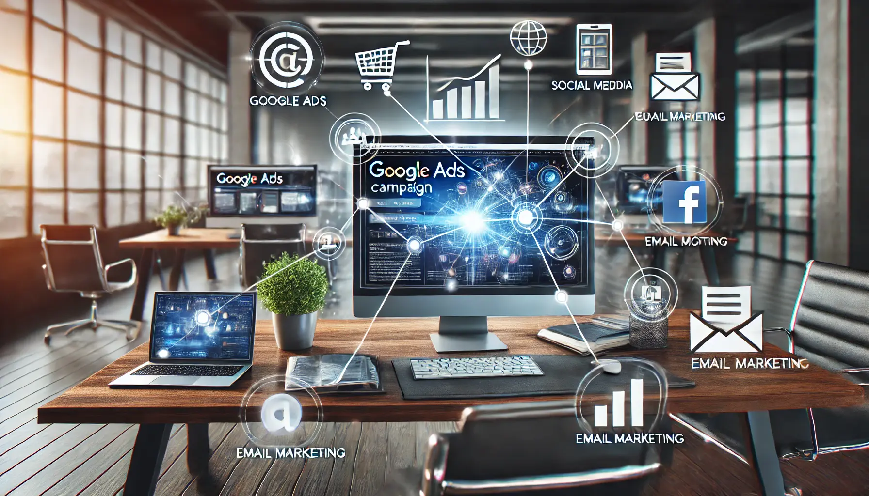 A central computer screen displaying a Google Ads campaign, surrounded by icons for social media, email, and content marketing, with interconnected lines.