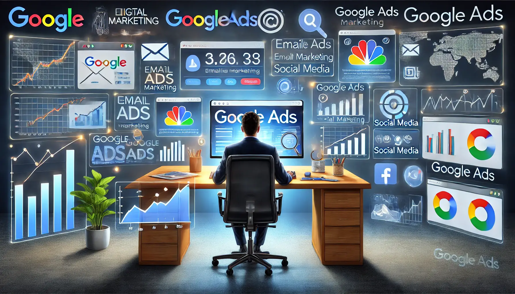 A digital marketer working at a desk with multiple screens displaying Google Ads, email marketing, social media, and content marketing data.