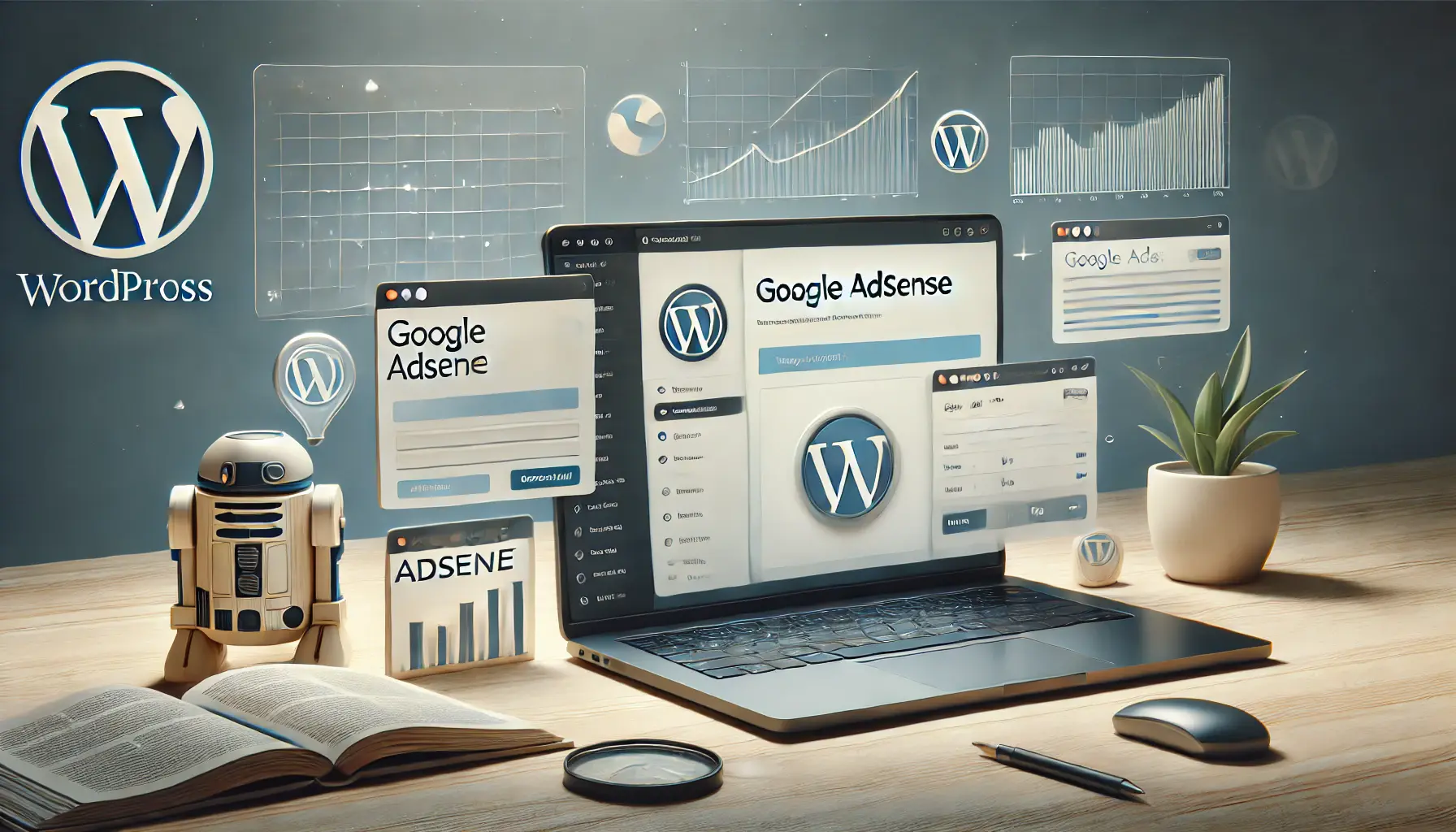 An image depicting the integration of Google AdSense with a WordPress website, showing a dashboard and ad placement previews.