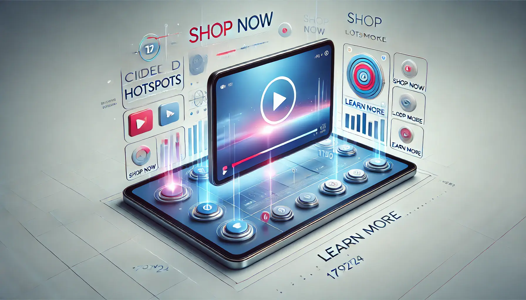 An illustration of a video playing on a tablet with interactive elements like clickable hotspots and action buttons.