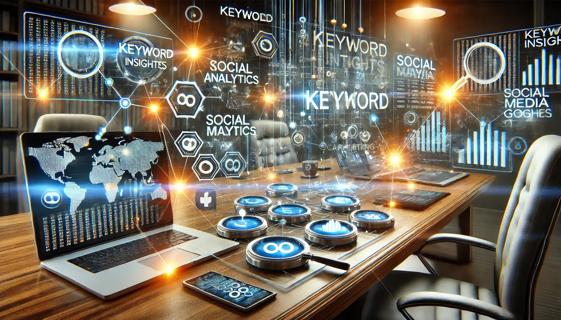 Illustration of integrating keyword insights with broader marketing goals, featuring interconnected dashboards with analytics and performance metrics in a modern workspace.