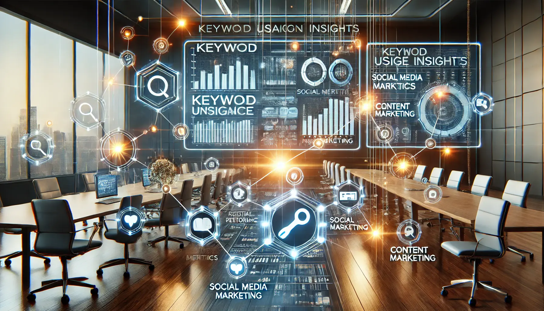 Illustration of integrating keyword insights with marketing strategies, featuring interconnected dashboards and glowing nodes in a futuristic workspace.