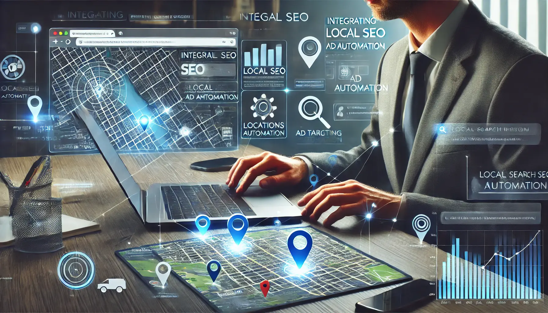 Professional analyzing local SEO maps with location pins, analytics charts, and ad automation tools on a computer screen.