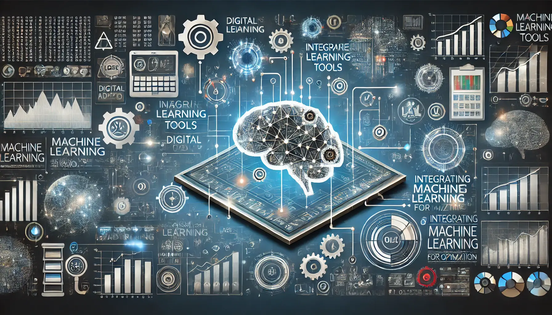 An image showing a digital interface with machine learning algorithms, interconnected nodes, and data streams, symbolizing the integration of machine learning into digital advertising.