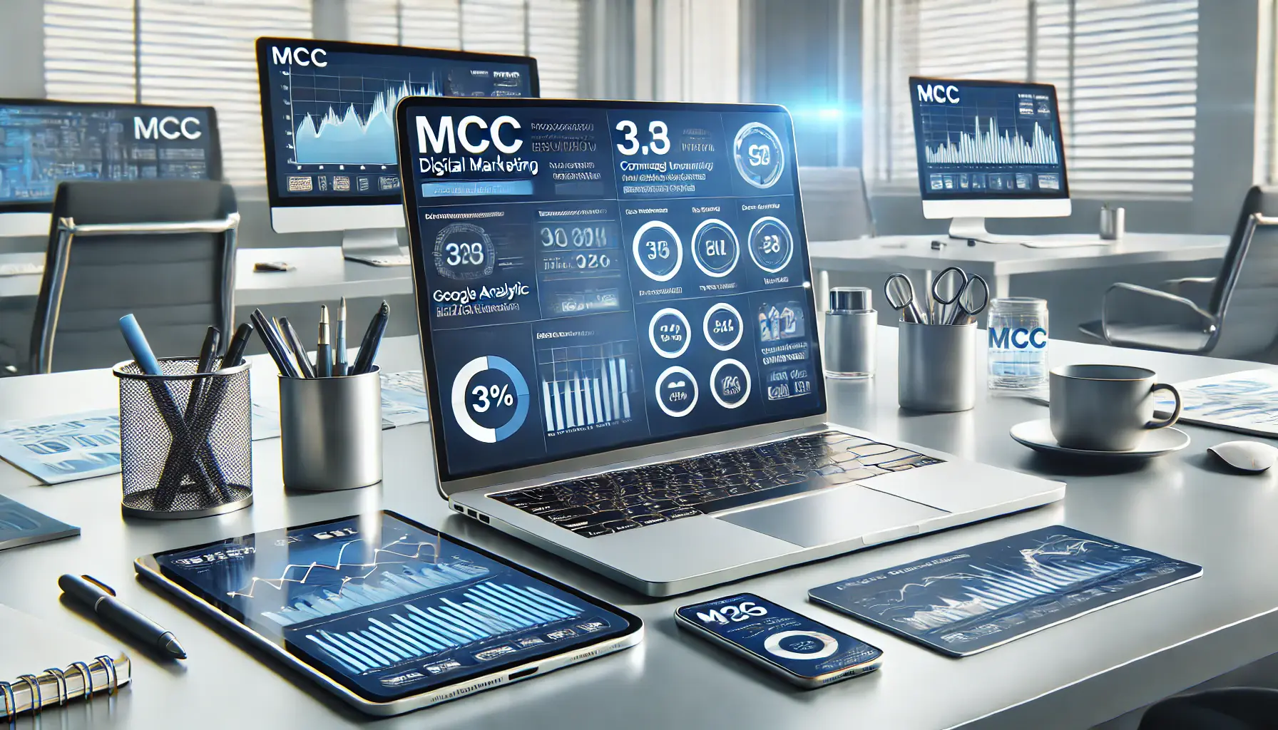 A workspace with a laptop displaying MCC integrated with Google Analytics and CRM software, alongside additional devices showing metrics.