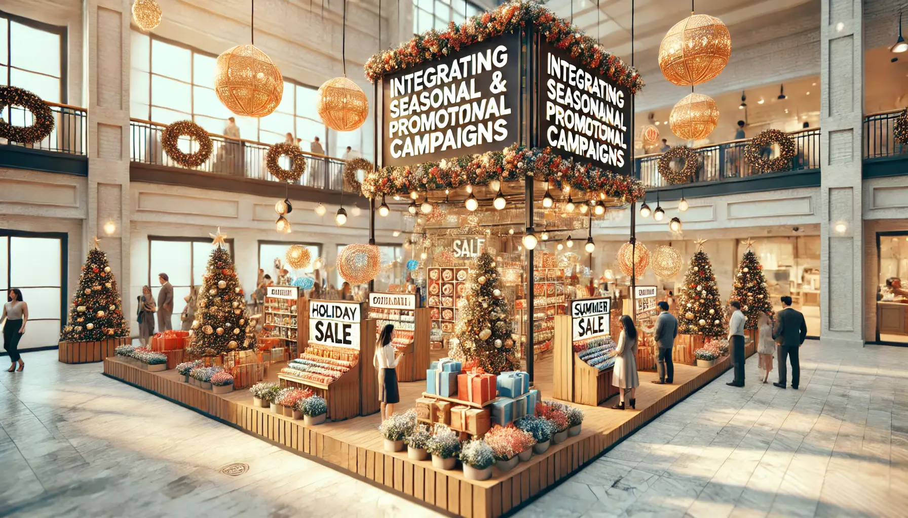 Retail store decorated for a seasonal event with customers browsing and interacting with promotional displays.