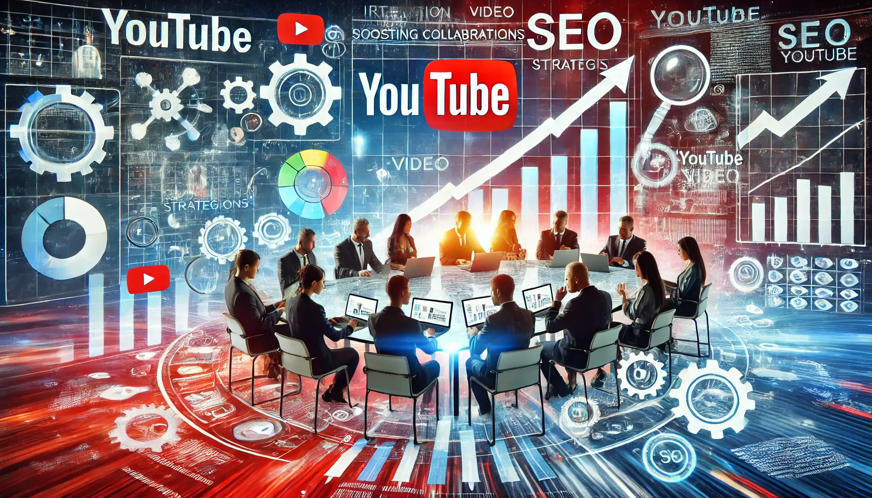 Image of a digital dashboard showing YouTube analytics and a team collaborating on SEO strategies at a table.