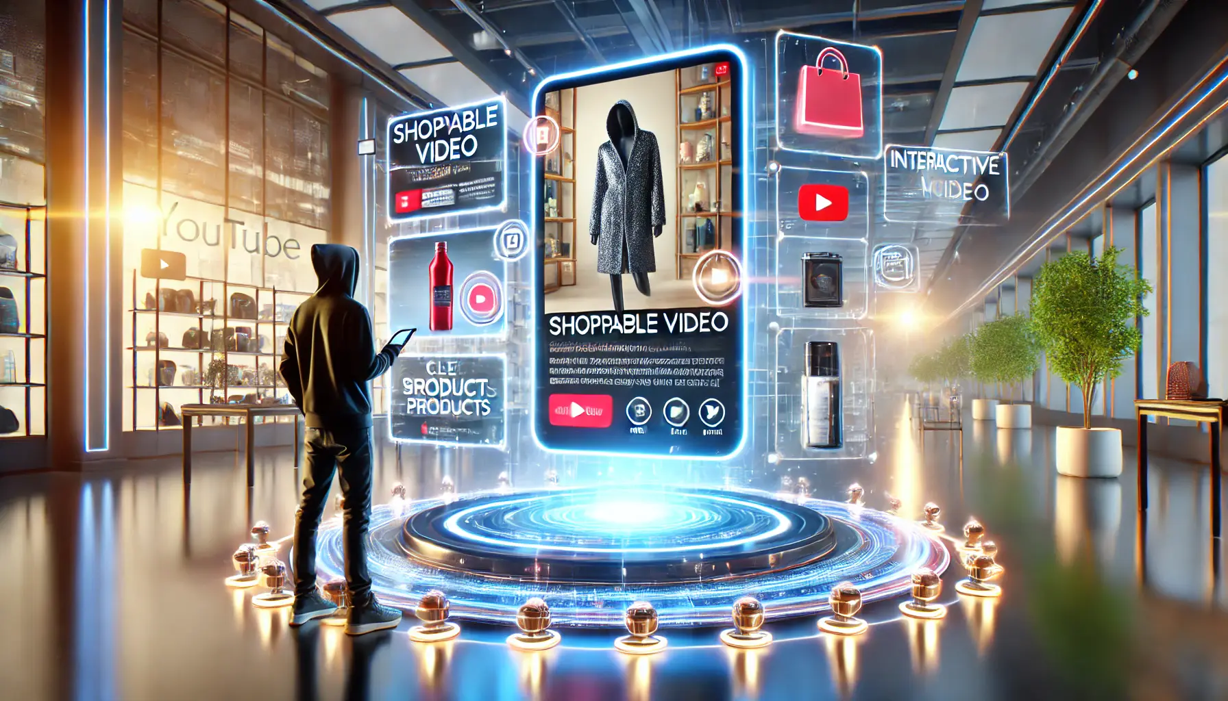 A video ad interface with interactive hotspots and clickable product details, showing a user engaging with shoppable elements in the video.