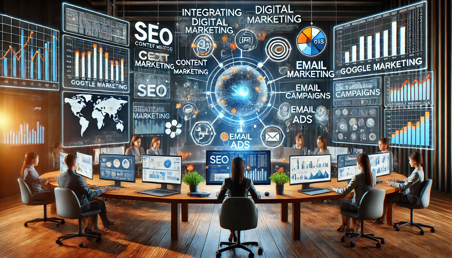 A marketer working with multiple screens showing combined digital marketing strategies like SEO, content marketing, and Google Ads.