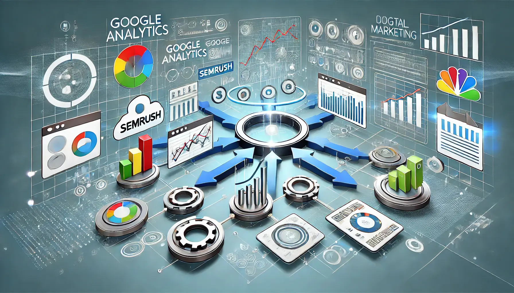 A digital marketing scene showing interconnected third-party platforms like Google Analytics, SEMrush, and Tableau, with data flowing between them.