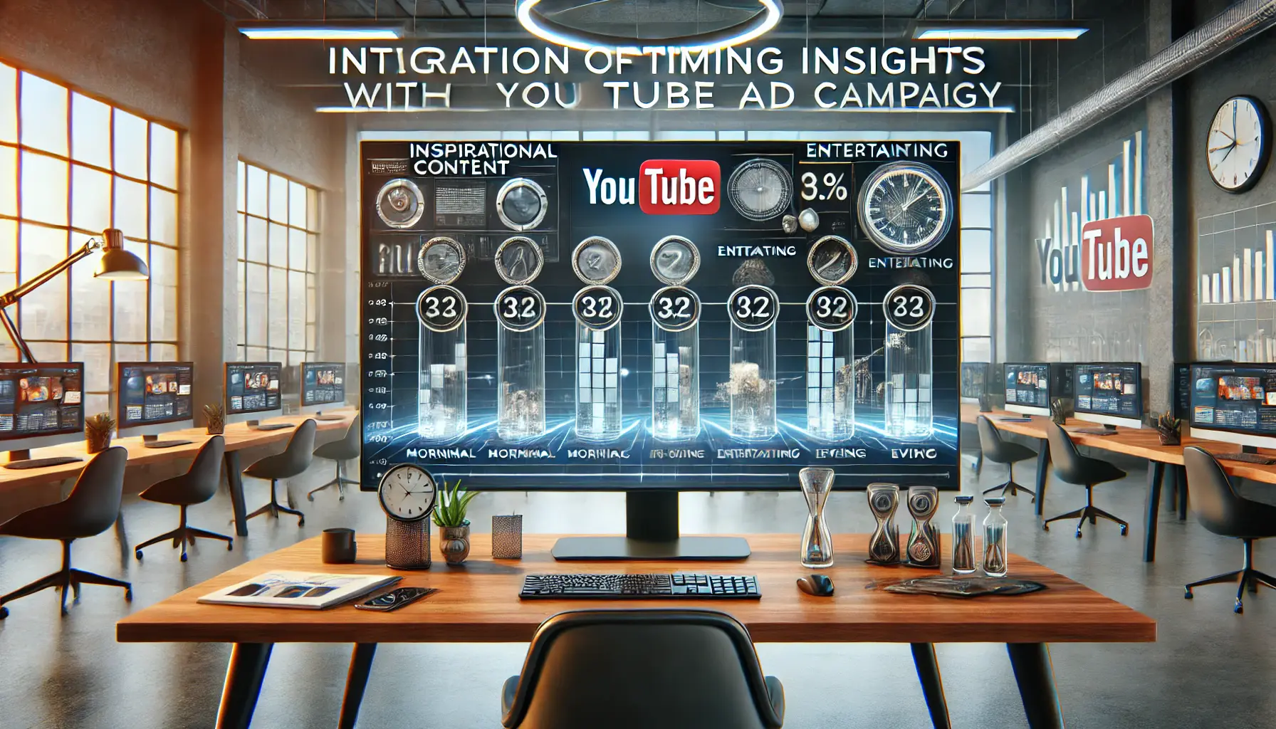 A digital marketing workspace showing a timeline that aligns content types with optimal timing, surrounded by charts and graphs for strategic planning.