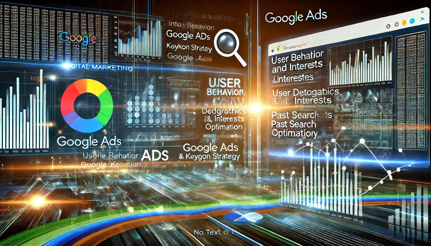 A digital marketing image showing a dashboard with user behavior data and targeted keywords for Google Ads optimization.