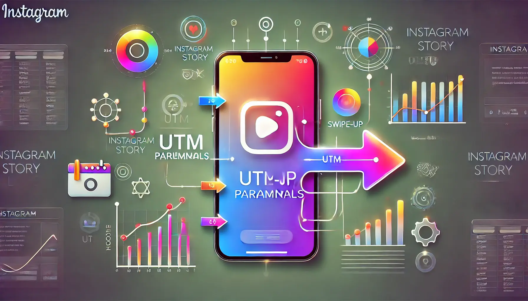 An Instagram story with a swipe-up link, surrounded by tracking elements like UTM parameters, analytics charts, and data points.