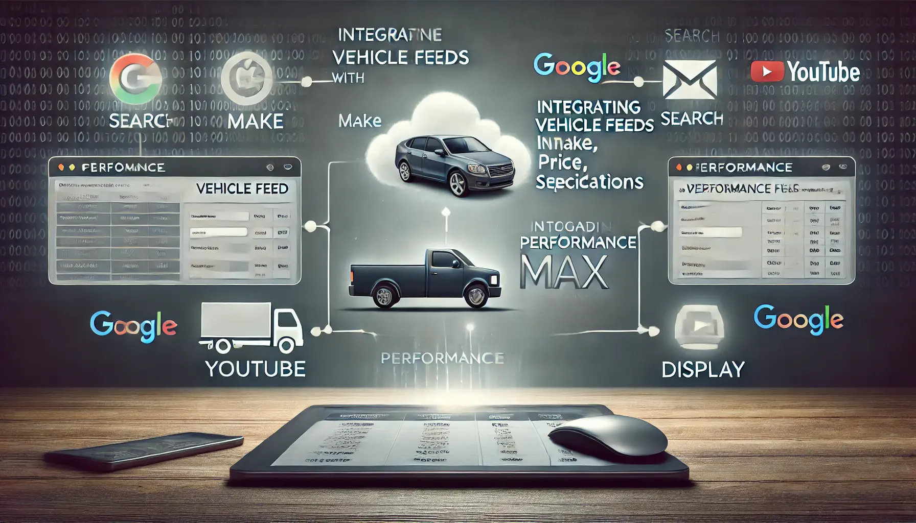 A digital interface displaying vehicle feed integration into a Performance Max campaign with interconnected Google platforms.