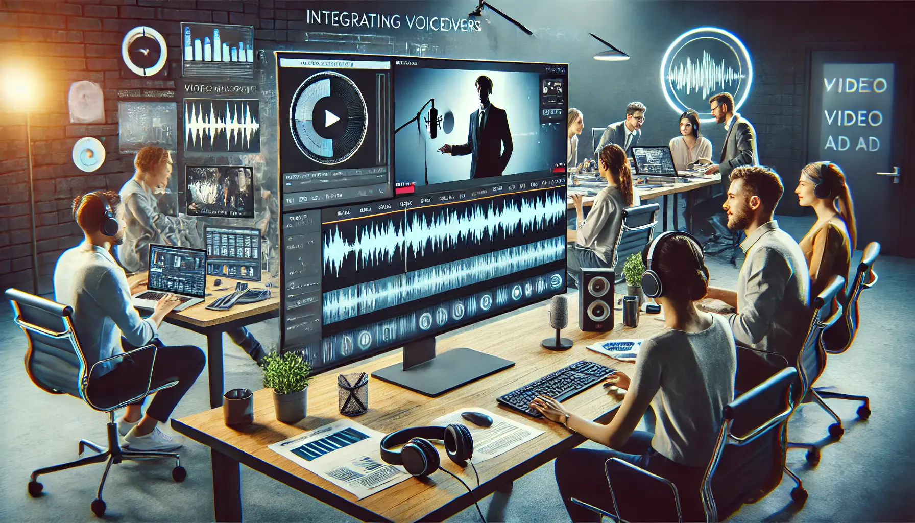 A digital marketing team working on integrating a voiceover into a video ad, with the timeline showing synchronized voiceover and visuals on a computer screen.