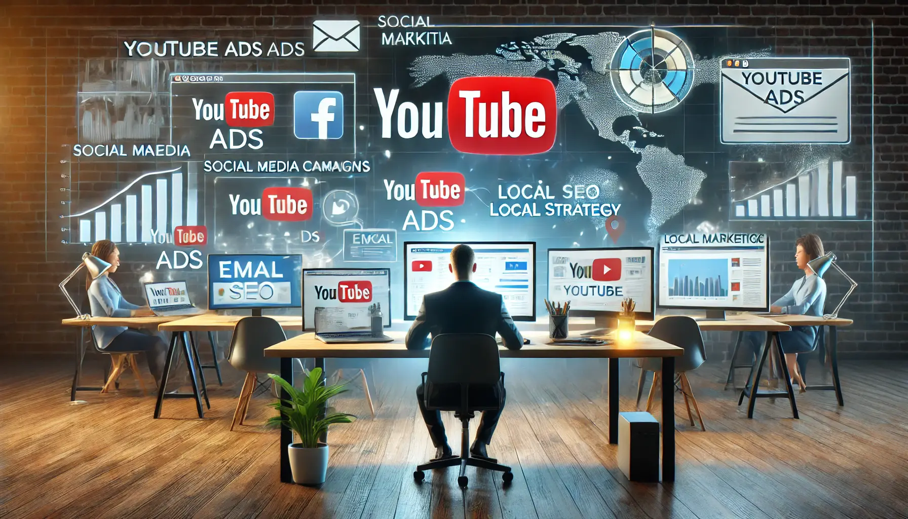 A digital marketing professional integrating YouTube ads with other marketing channels like social media, email campaigns, and local SEO tools on multiple monitors.