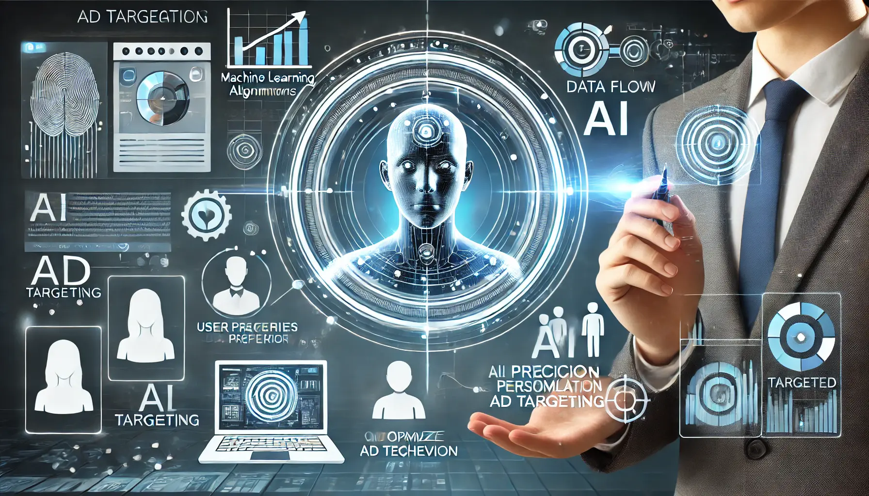 A professional representation of AI integration in ad targeting, showing machine learning algorithms analyzing user data to optimize ad personalization.