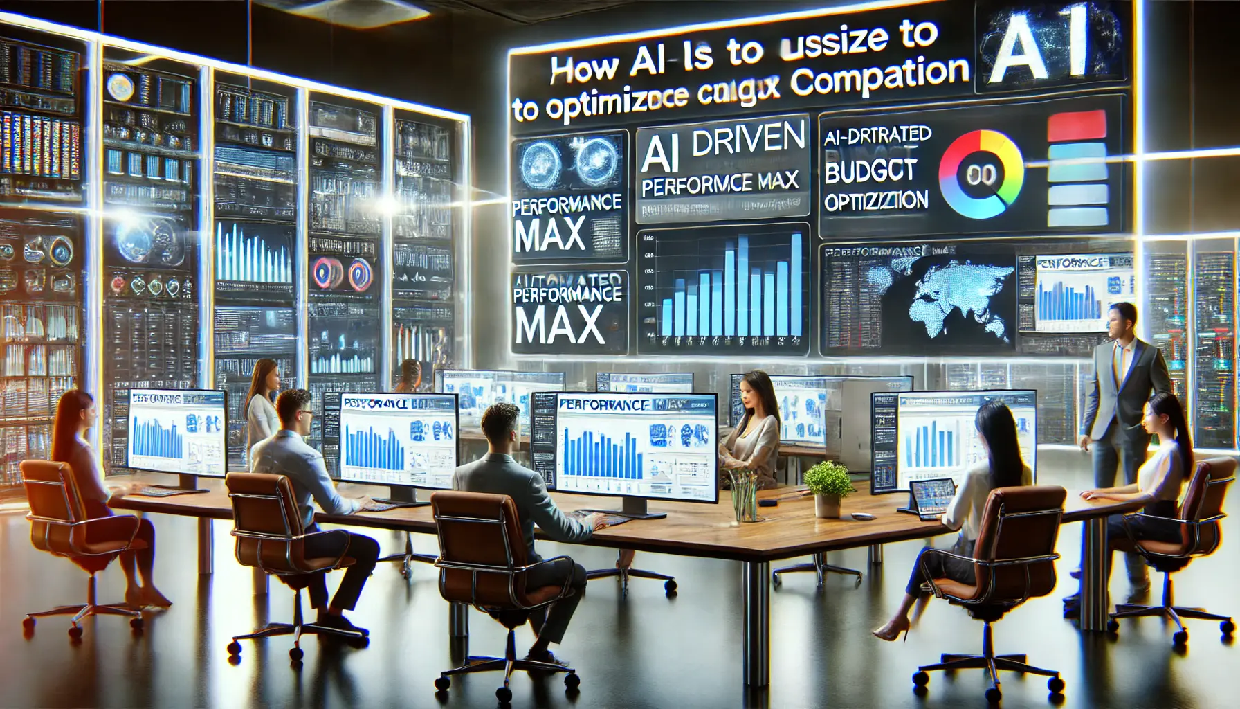 A team of professionals analyzing AI-driven performance metrics for Performance Max campaigns in a high-tech digital marketing workspace.