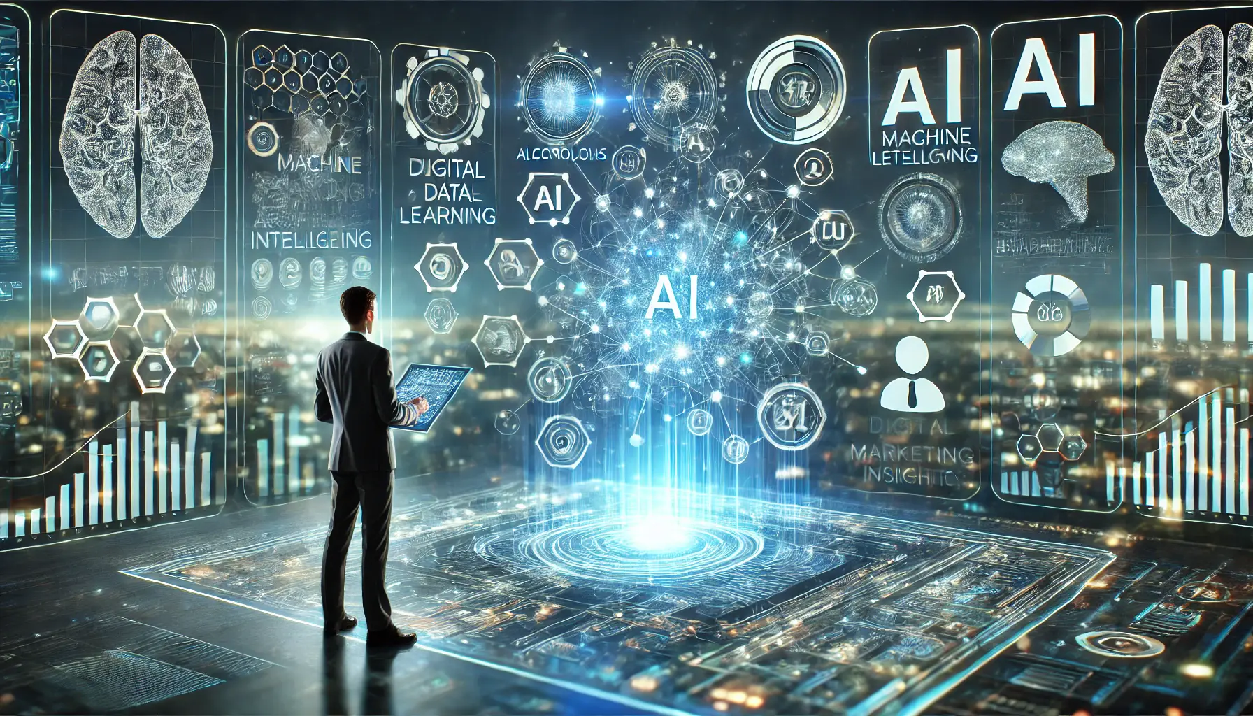 An image illustrating the integration of artificial intelligence and machine learning in digital marketing with data flows and AI-powered insights.