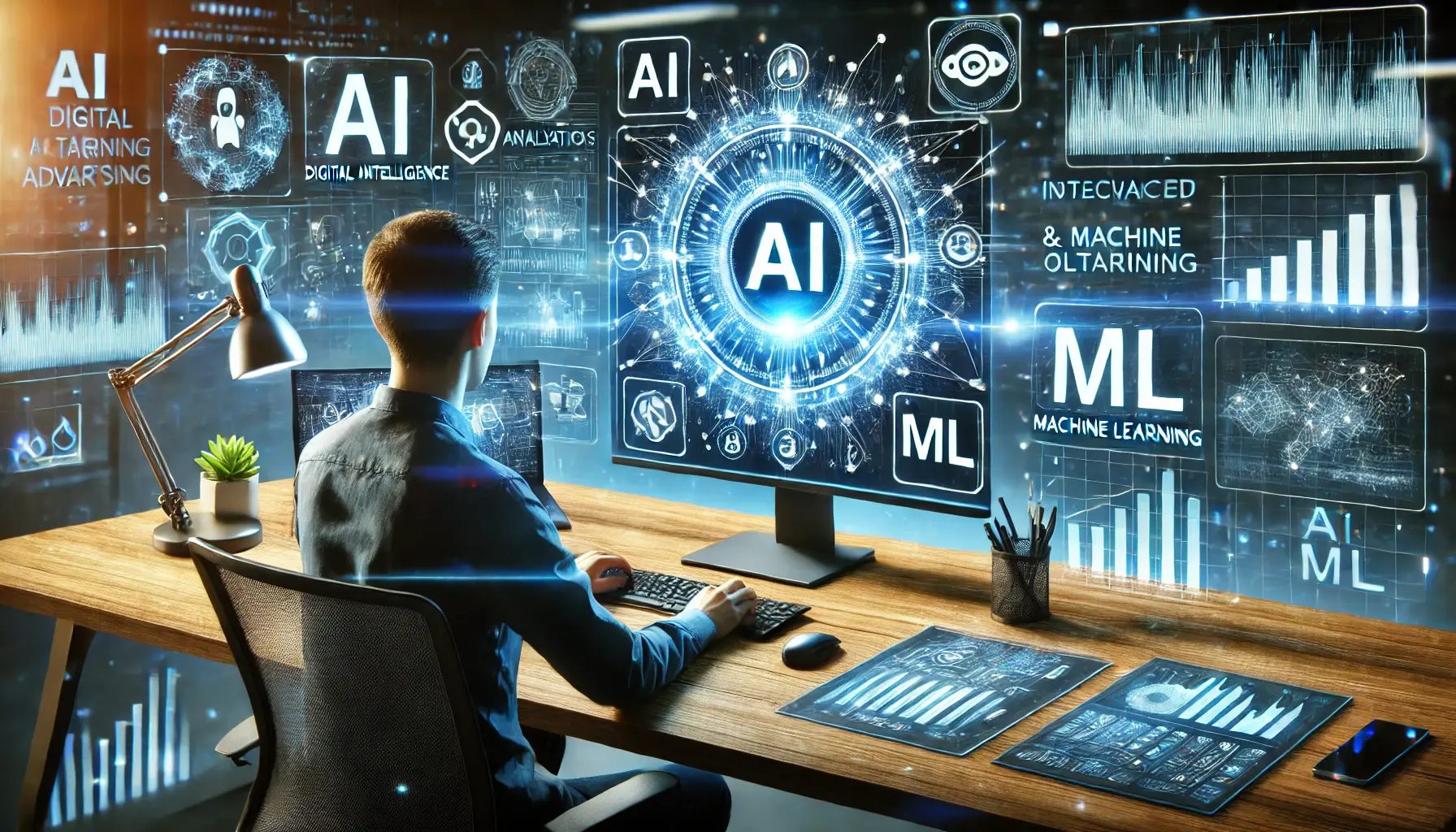 A digital marketer working with a futuristic computer displaying AI and machine learning analytics, with holographic data streams and graphs symbolizing real-time ad campaign optimization.