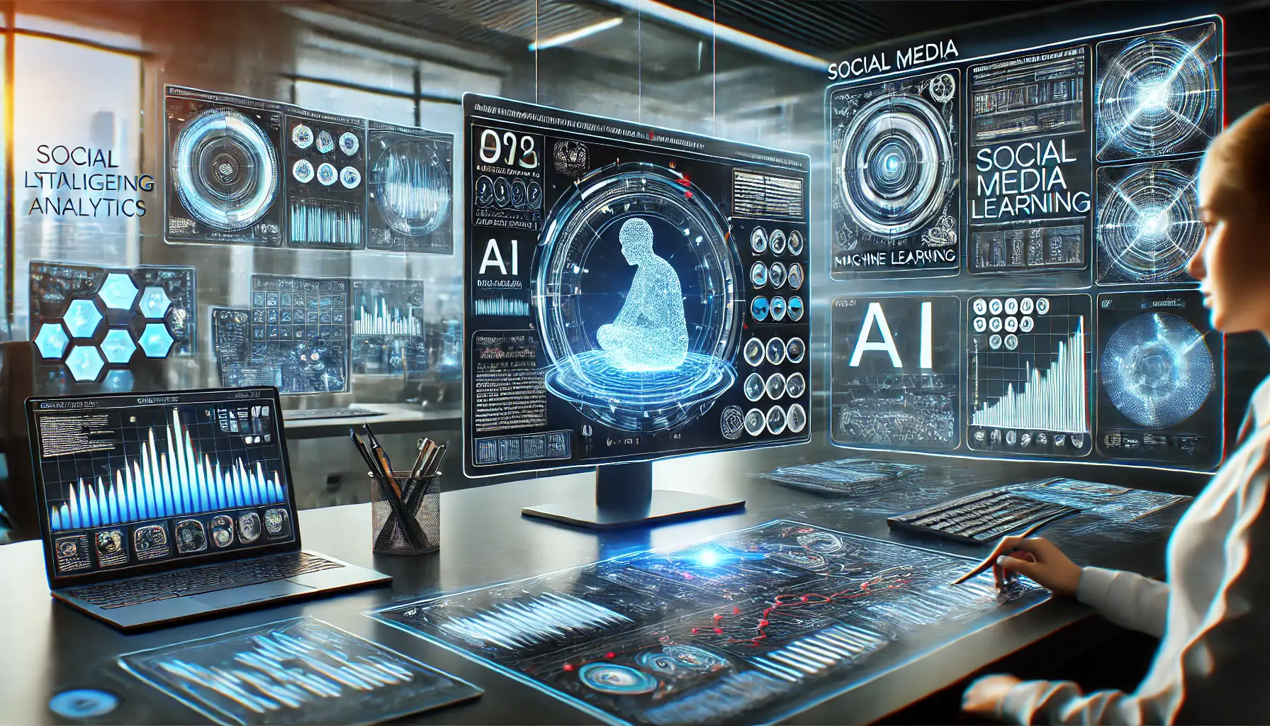 A futuristic digital workspace showcasing the integration of artificial intelligence and machine learning in social media analytics, with real-time data visualizations and AI-driven insights.