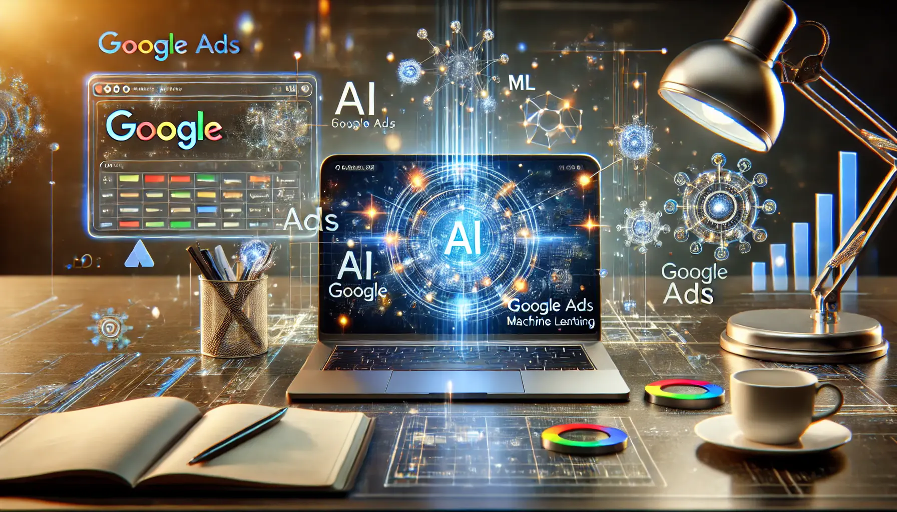 A digital workspace depicting the integration of Artificial Intelligence and Machine Learning in digital advertising with neural networks and data flows.