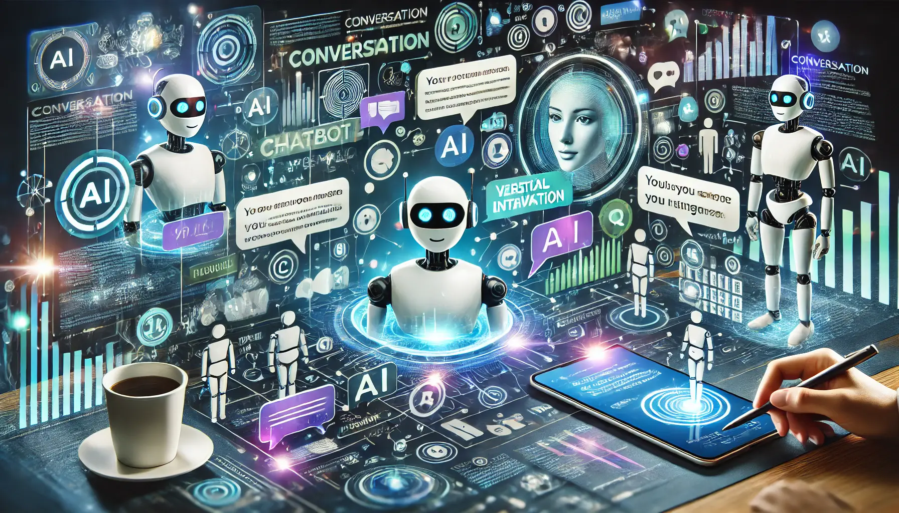 An image illustrating the integration of conversational AI in digital marketing, showing chatbots and virtual assistants interacting with users.