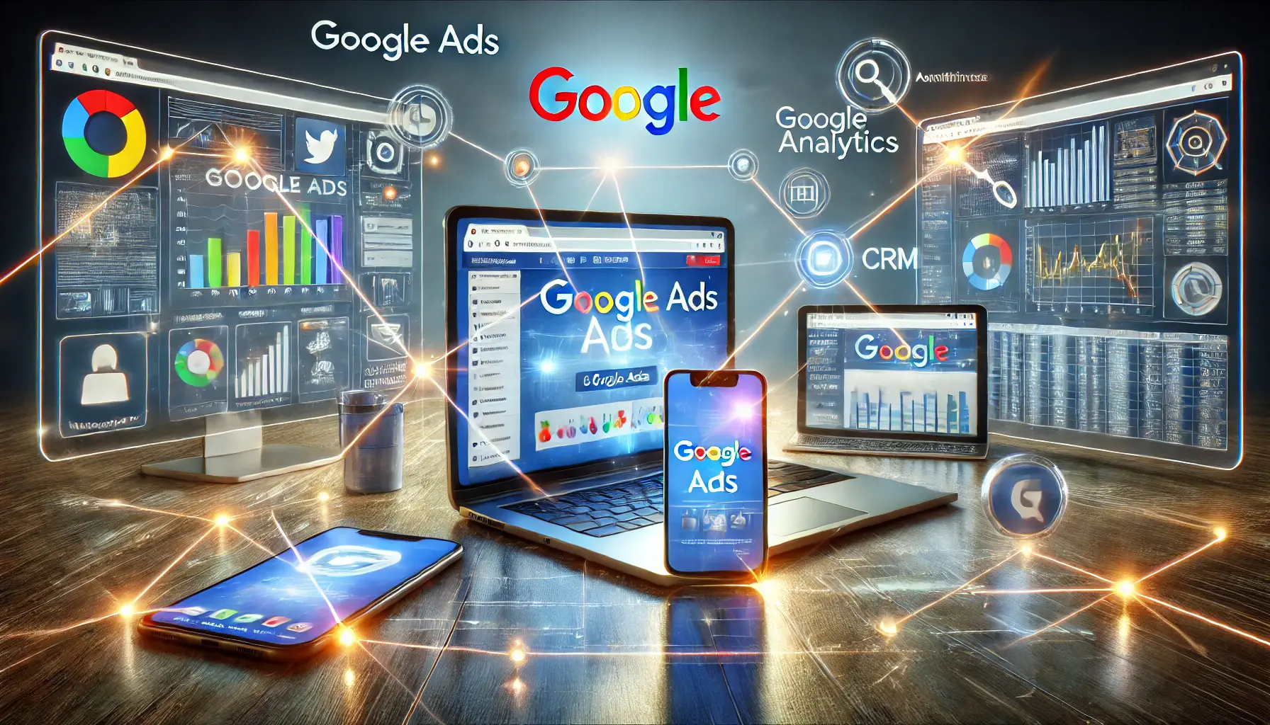 Interconnected devices including a laptop displaying Google Ads, a smartphone with social media icons, and a tablet showing analytics, connected by glowing lines symbolizing integration.