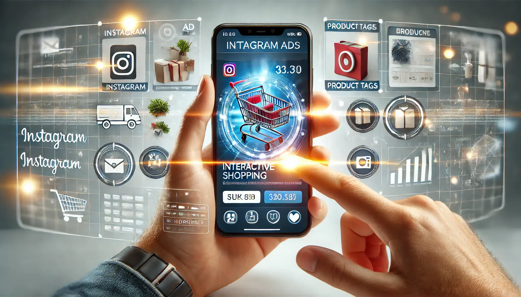 A digital marketing concept showcasing a smartphone screen with Instagram ads featuring interactive shopping options, such as product tags for direct purchases.