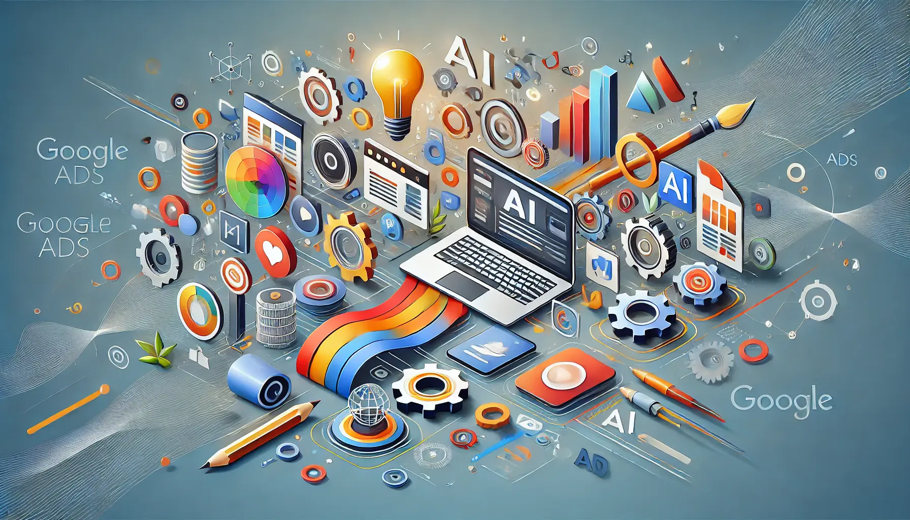 Illustration of the integration between creative platforms and Google Ads, showcasing seamless asset import and AI-enhanced editing in a collaborative digital marketing environment.