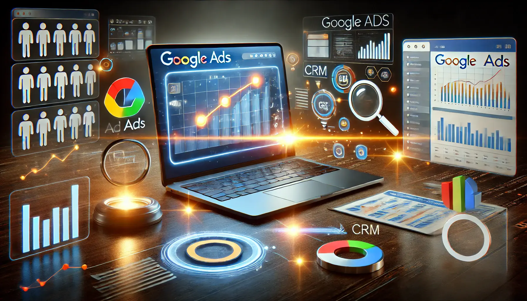 A laptop displaying Google Ads alongside a CRM dashboard, connected by glowing data streams with icons representing customer data and performance analytics.