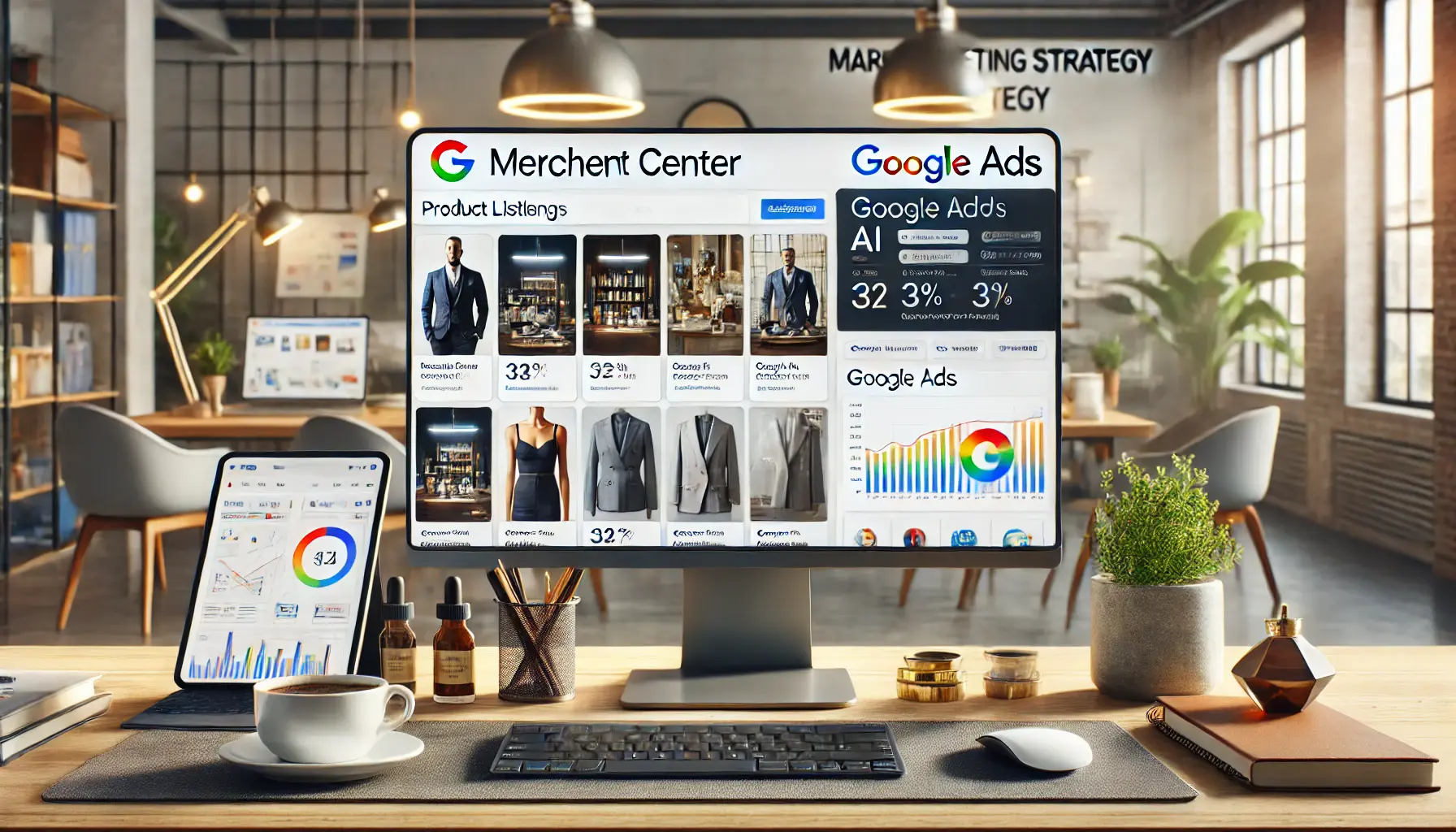 A computer screen displaying Google's Merchant Center and Google Ads interfaces side by side, surrounded by marketing tools.