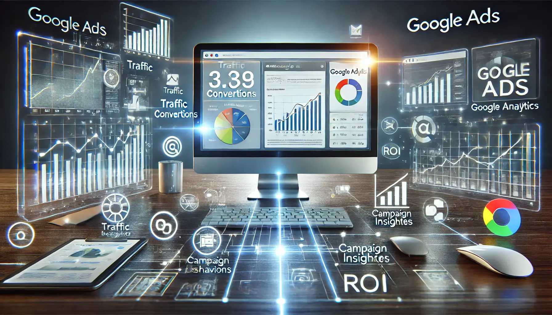 A computer screen displaying analytics data with charts and graphs connected to a glowing Google Ads interface through digital lines, symbolizing integration.