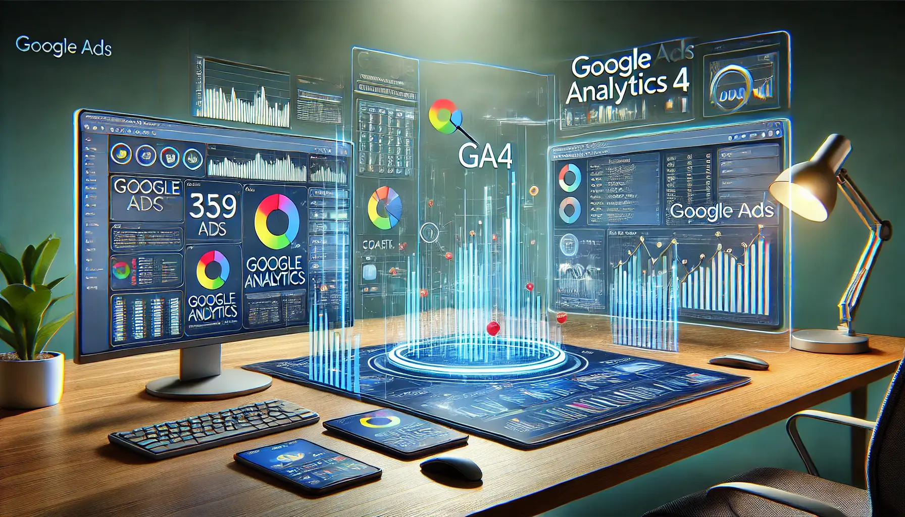 An image showing a high-tech digital workspace with screens displaying Google Analytics 4 and Google Ads data, symbolizing the integration between the two platforms.