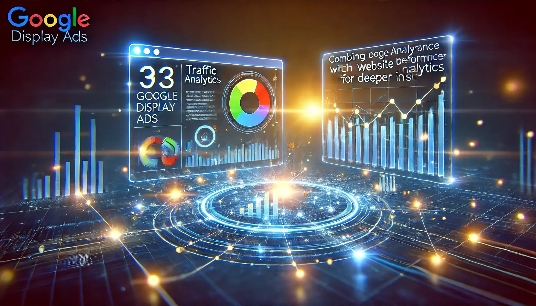 An image showing the integration of Google Display Ads with Google Analytics, with metrics like traffic sources, user behavior, and conversions displayed alongside ad performance data.